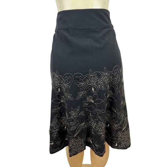Silkland Black Floral Embroidered Midi Skirt Womens Elegant Design Sz 8 - New - Picture 3 of 7